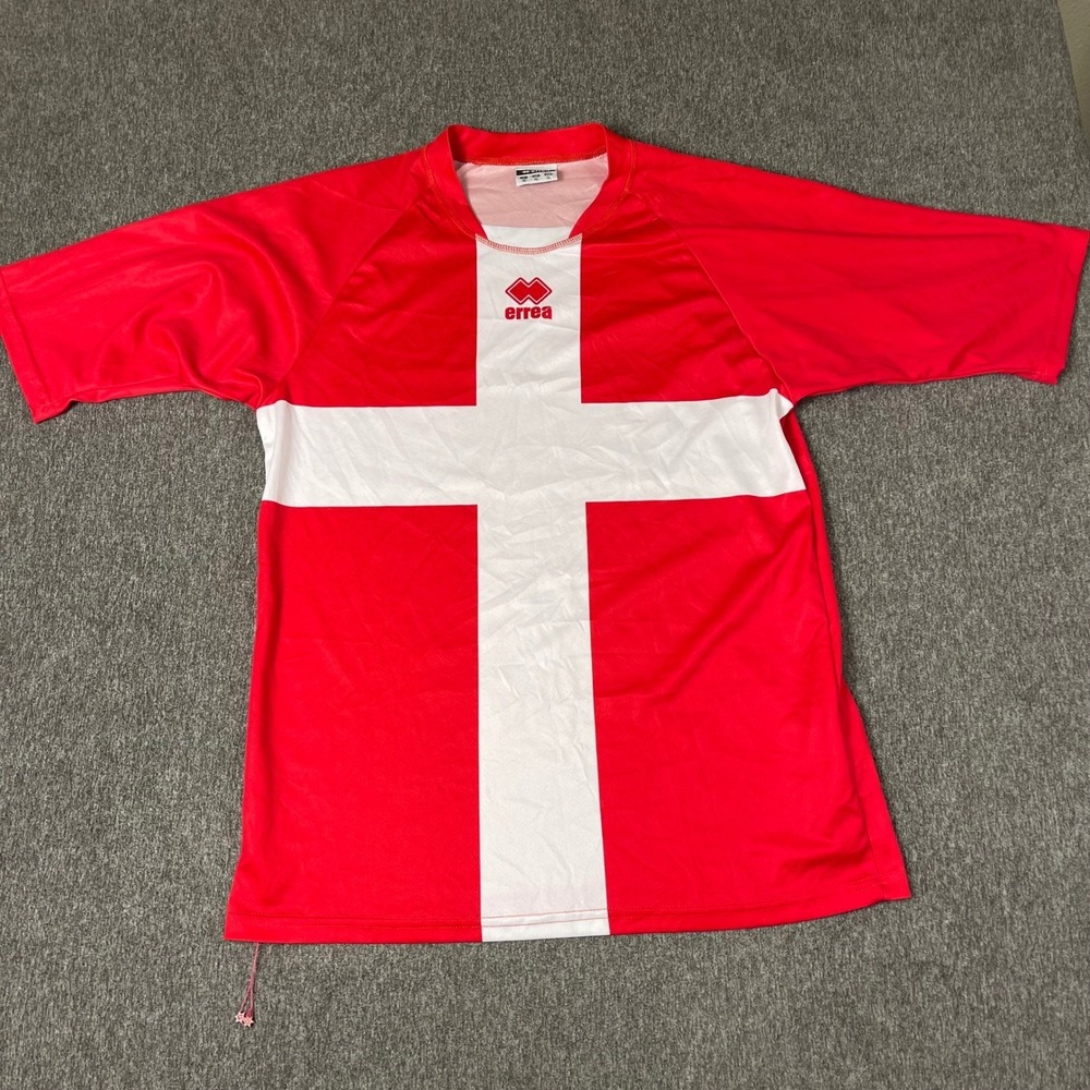 VTG Errea Denmark Soccer Jersey Red White Cross Flag Shirt Men's XL Football Top